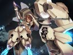  1girl alice_gear_aegis brown_hair character_name closed_mouth dark_skin dated eyebrows_behind_hair green_eyes gun hair_ornament highres kaneshiya_sitara md5_mismatch mecha_musume puripuri signature solo space thrusters weapon 