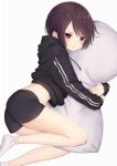  1girl black_hoodie black_shorts breasts brown_hair commentary_request hood hoodie midriff object_hug original pillow pillow_hug pout red_eyes short_hair short_shorts short_socks shorts simple_background small_breasts solo tagme white_background zuima 