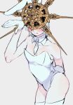  1boy androgynous animal_ears blush closed_mouth collarbone cowboy_shot crossdressing dark_souls_(series) dark_souls_i dark_sun_gwyndolin detached_collar gloves hand_up highres leotard mal necktie otoko_no_ko rabbit_ears rabbit_tail simple_background smile solo spiked_helmet tail thighhighs white_gloves white_leotard white_necktie white_thighhighs zunkome 