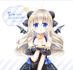  1girl :o animal_ears bangs bear_ears black_dress blue_bow blue_eyes blush bow breasts collarbone commentary_request demon_wings diagonal-striped_background diagonal_stripes dress eyebrows_visible_through_hair grey_wings hair_between_eyes hair_ornament holding_star light_brown_hair long_hair looking_at_viewer original parted_lips shikito sleeveless sleeveless_dress small_breasts solo star star_hair_ornament striped striped_background translation_request twitter_username upper_body very_long_hair white_background wings wrist_cuffs 