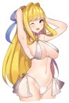  1girl armpits arms_up bare_shoulders blonde_hair bow breasts hair_bow harukagi highres kono_yuusha_ga_ore_tueee_kuse_ni_shinchou_sugiru large_breasts long_hair looking_at_viewer navel one_eye_closed open_mouth purple_eyes ristarte_(kono_yuusha_ga_ore_tueee_kuse_ni_shinchou_sugiru) solo swimsuit 