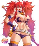  1girl amania_orz bare_shoulders belt breasts cleavage dated disgaea earrings etna food_themed_earrings gloves happy_halloween jewelry large_breasts long_hair looking_at_viewer older open_mouth pointy_ears pumpkin pumpkin_earrings red_eyes red_hair shiny shiny_hair shiny_skin simple_background twintails twitter_username very_long_hair white_background 