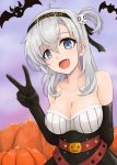  black_gloves breasts elbow_gloves fangs gloves grey_eyes hair_ornament halloween halloween_costume highres kantai_collection large_breasts medium_hair mmt_uf open_mouth pumpkin skull_hair_ornament strapless_shirt suzutsuki_(kantai_collection) v white_hair 