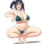  1girl alternate_costume bikini blue_eyes blue_hair breasts cameltoe collarbone full_body green_bikini hair_ribbon heart highres huge_breasts kantai_collection looking_at_viewer navel open_mouth ribbon ryuun_(stiil) shadow simple_background solo souryuu_(kantai_collection) spread_legs squatting swimsuit twintails white_background 