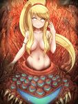  1girl arachne arthropod_girl blank_eyes blonde_hair blue_visor breasts canadiananiguy centauroid chaos_witch_quelaag colored_sclera crossover dark_souls_(series) dark_souls_i english_commentary evil_smile extra_eyes extra_faces extra_mouth fangs fingernails fire fusion hair_between_eyes hair_censor hair_over_breasts high_ponytail highres holding holding_sword holding_weapon long_fingernails long_hair metroid mole mole_under_mouth monster monster_girl navel no_pupils orange_eyes orange_sclera ponytail red_nails sa-x samus_aran sharp_teeth sidelocks smile solo spider_girl spikes sword taur teeth topless twitter_username very_long_fingernails visor_(armor) weapon x_parasite 