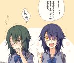  2girls artist_name blue_bow blue_neckwear blush bow bowtie breasts brown_eyes collarbone collared_shirt eyebrows_visible_through_hair eyepatch green_eyes green_hair grey_shirt hair_over_one_eye index_finger_raised kantai_collection kiso_(kantai_collection) kotobuki_(momoko_factory) large_breasts looking_at_viewer multiple_girls open_mouth purple_hair shirt short_hair smile speech_bubble tenryuu_(kantai_collection) translated twitter_username 