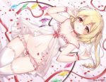  1girl artist_name ass_visible_through_thighs babydoll bangs bed_sheet blonde_hair bow bow_panties braid breasts choker cleavage collarbone commentary_request cowboy_shot crystal eyebrows_visible_through_hair flandre_scarlet frilled_panties frills groin hair_between_eyes hands_up haruki_(colorful_macaron) lace lace-trimmed_legwear long_hair looking_at_viewer lying navel no_hat no_headwear on_back one_side_up panties parted_lips petals red_bow red_choker red_eyes red_ribbon ribbon rose_petals small_breasts solo spaghetti_strap stomach strap_slip thighhighs thighs touhou twitter_username underwear underwear_only white_legwear white_panties wings wrist_cuffs 