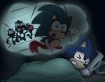 2024 anthro archie_comics badnik bed bed_sheet bedding bernadette_hedgehog biped black_nose blue_body clothing countershade_face countershade_torso countershading dream eulipotyphlan eyes_closed furniture gloves group handwear hedgehog hi_res jules_hedgehog looking_at_another lying lying_on_bed machine male mammal nightmare on_back on_bed open_mouth pillow running scared sega shadowwalk solo sonic_the_hedgehog sonic_the_hedgehog_(archie) sonic_the_hedgehog_(comics) sonic_the_hedgehog_(series) tan_body tan_countershading tongue uncle_chuck white_clothing white_gloves white_handwear