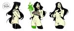  1girl ass black_hair black_lips black_thighhighs breasts colored_skin commentary cowboy_shot cuffs english_commentary english_text female_pubic_hair green_eyes green_thighhighs handcuffs hat highres kim_possible_(series) long_hair medium_breasts middle_finger mismatched_thighhighs multiple_views navel nipples nude olena_minko open_mouth parted_lips pasties peaked_cap pubic_hair shego simple_background speech_bubble tape tape_on_nipples thighhighs tongue tongue_out white_background 