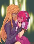  2girls alma_armas android asymmetrical_docking blonde_hair blush breast_press commentary_request cybernetic_parts dorothy_haze finger_licking glasses highres hug licking mechanical_arms mugitarou multiple_girls pink_hair red_eyes tan va-11_hall-a yuri 