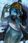  1girl :d @_@ absurdres arm_up black_gloves black_hair blue_eyes blue_tongue breasts colored_skin colored_tongue ekrea_jan eyewear_on_head gas_mask gloves gradient_skin groin highres mask monster_girl multicolored_skin no_pants original shirt slime_(substance) slime_girl slime_hair small_breasts smile solo stomach tile_floor tile_wall tiles tinted_eyewear white_shirt 