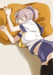  1girl aoba_(kantai_collection) black_legwear closed_eyes cowboy_shot highres kantai_collection lying navel neckerchief ojipon on_side pillow ponytail purple_hair purple_sailor_collar purple_shorts sailor_collar school_uniform scrunchie serafuku shorts simple_background sleeping solo thighhighs white_background yellow_neckwear 