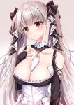  1girl :o absurdres azur_lane between_breasts black_dress breasts brown_background brown_eyes cleavage collarbone dress earrings eyebrows_visible_through_hair formidable_(azur_lane) gradient gradient_background hair_ribbon highres jewelry large_breasts long_hair looking_at_viewer pochi ribbon silver_hair solo twintails two-tone_dress two-tone_ribbon white_dress 