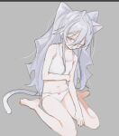  1girl animal_ears barefoot blush bow camisole cat_ears cat_tail full_body grey_background kurobeko_(kur0bek0) long_hair navel original panties simple_background sitting solo tail underwear wariza white_panties 