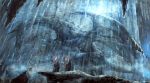  2others ambiguous_gender blue_theme cloak commentary_request creature dragon fantasy frozen highres holding ice multiple_others noba original stalactite torch wide_shot 