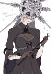  1girl absurdres blush breasts commentary covered_eyes dark_souls_(series) dark_souls_i dark_sun_gwyndolin dress genderswap genderswap_(mtf) gold_headwear grey_dress halloween helmet helmet_over_eyes highres pale_skin solo spiked_helmet sun_symbol symbol-only_commentary white_hair zunkome 