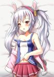  1girl animal_ears arlly_radithia azur_lane bangs bed_sheet blush breasts bunny_ears camisole cleavage collarbone commentary_request eyebrows_visible_through_hair hair_between_eyes hair_ornament hairband highres jacket laffey_(azur_lane) long_hair looking_at_viewer lying navel off_shoulder on_back open_clothes open_jacket parted_lips pink_jacket pleated_skirt red_eyes red_hairband red_skirt silver_hair skirt small_breasts solo strap_slip twintails very_long_hair white_camisole 