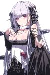  1girl azur_lane bangs bare_shoulders between_breasts black_dress black_nails breasts cleavage commentary_request dress earrings eyebrows_visible_through_hair formidable_(azur_lane) frilled_dress frills grey_hair hair_ribbon highres jewelry lamy large_breasts long_hair long_sleeves looking_at_viewer red_eyes ribbon solo twintails very_long_hair white_background 