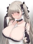  1girl absurdres azur_lane bangs bare_shoulders between_breasts black_dress black_nails blush breasts cleavage dress earrings embarrassed eyebrows_visible_through_hair formidable_(azur_lane) frilled_dress frills gradient gradient_background grey_hair hair_ribbon hand_up highres jewelry large_breasts long_hair long_sleeves looking_at_viewer nyannzou789 red_eyes ribbon solo twintails two-tone_dress two-tone_ribbon very_long_hair 