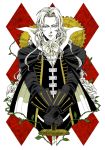  1boy alucard_(castlevania) black_cape black_gloves cape castlevania chain charatei closed_mouth commentary_request flower gears gloves holding holding_sword holding_weapon long_hair male_focus plant rose solo sword thorns vampire vines weapon white_flower white_hair white_rose 