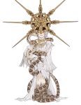  1boy absurdres animal animal_legs blush dark_souls_(series) dark_souls_i dark_sun_gwyndolin dress facing_viewer full_body gold_headwear grey_hair highres long_sleeves short_hair simple_background snake solo spiked_helmet standing sweatdrop teeth white_dress zunkome 