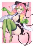  1girl absurdres ass belt blush braid breasts cleavage commentary_request gradient_hair green_eyes green_hair green_legwear hair_between_eyes haori hawah127 heart highres holding holding_sword holding_weapon japanese_clothes kanroji_mitsuri kimetsu_no_yaiba large_breasts long_hair looking_at_viewer mole mole_under_eye multicolored_hair open_clothes open_mouth pink_hair skirt smile solo sword thighhighs uniform weapon white_belt 