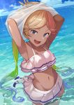  1girl :d armpits arms_up bangs bikini bikini_skirt blonde_hair blue_hair blue_sky blush breasts cloud collarbone commentary_request dark_skin day eyebrows_visible_through_hair flower gradient_hair granblue_fantasy green_hair groin hinami_(hinatamizu) io_euclase long_hair looking_at_viewer multicolored_hair navel ocean open_mouth outdoors parted_bangs revision shirt skirt sky small_breasts smile solo stomach swimsuit twintails undressing water wet white_bikini white_shirt white_skirt 