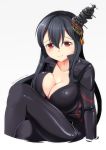  1girl bangs black_bodysuit black_hair bodysuit breasts catsuit cleavage collarbone commentary cosplay dated fusou_(kantai_collection) gradient gradient_background hair_between_eyes hair_ornament highres hippopotamus_(kemono_friends) hippopotamus_(kemono_friends)_(cosplay) kantai_collection kemono_friends large_breasts long_hair red_eyes smile solo twitter_username unzipped yasume_yukito 
