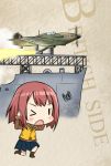  &gt;_o 1girl aircraft aircraft_catapult airplane blue_skirt bob_cut brown_jacket commentary_request fairy_(kantai_collection) hands_on_head hurricane_(airplane) jacket kantai_collection life_vest long_sleeves one_eye_closed pleated_skirt propeller red_hair roundel short_hair skirt solid_oval_eyes solo tsukemon 