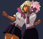  2girls alternate_color alternate_costume alternate_hair_color alternate_skin_color archvermin ashido_mina black_sclera blonde_hair blush boku_no_hero_academia dark_skin eyelashes gyaru happy highres horns jewelry looking_at_viewer medium_hair messy_hair multiple_girls pink_hair pink_skin school_uniform shirt short_hair simple_background sketch skirt smile source_request standing uraraka_ochako what_if white_shirt yellow_eyes 