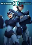  2boys android arm_cannon armor blue_gloves commentary_request dual_persona gloves great_(cyclops) green_eyes helmet highres male_focus mega_man_(ruby-spears) multiple_boys open_mouth robot rockman rockman_x size_difference smile weapon white_gloves x_(rockman) 