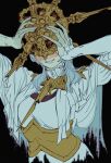  1boy absurdres black_background blush cropped_torso dark_souls_(series) dark_souls_i dark_sun_gwyndolin dress gold_headwear grey_hair grin hands_up highres long_sleeves male_focus short_hair simple_background smile solo spiked_helmet teeth upper_body zunkome 