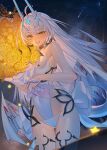  1girl absurdres ahoge back_bow black_hair blush bouquet bow breasts casual_one-piece_swimsuit colored_tips commentary_request dragon_tail dragon_wings dutch_angle fate/grand_order fate_(series) flower forked_eyebrows grey_hair grin highres holding holding_bouquet horns jewelry large_bow light_(nightty45) long_hair looking_at_viewer low_wings melusine_(fate) melusine_(swimsuit_ruler)_(fate) melusine_(swimsuit_ruler)_(second_ascension)_(fate) multicolored_hair night one-piece_swimsuit outdoors shooting_star sideless_outfit sky small_breasts smile solo star_(sky) starry_sky swimsuit tail thigh_gap thighlet very_long_hair wading white_hair white_one-piece_swimsuit white_wings wings yellow_eyes yellow_flower 