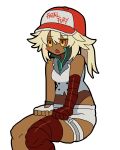  1girl bandaged_arm bandaged_leg bandages bare_shoulders blonde_hair borrowed_clothes colored_eyelashes cosplay d: dark-skinned_female dark_skin fatal_fury fatal_fury_cap gloves guilty_gear guilty_gear_strive highres invisible_chair kekeken long_hair orange_eyes orange_hair ramlethal_valentine red_bandage short_shorts shorts simple_background single_glove sitting solo terry_bogard terry_bogard_(cosplay) thigh_strap white_background white_shorts 