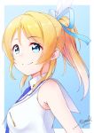  1girl artist_name ayase_eli bangs birthday blonde_hair blue_eyes breasts commentary_request dated eyebrows_visible_through_hair feathers hair_feathers hair_ribbon haruna_miyabi highres long_hair love_live! love_live!_school_idol_project medium_breasts ponytail ribbon shiny shiny_hair signature sleeveless smile solo wonderful_rush 
