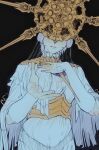  1boy absurdres black_background blush covered_eyes dark_souls_(series) dark_souls_i dark_sun_gwyndolin detached_sleeves dress gold_headwear gold_necklace grey_hair hand_up helmet highres jewelry long_sleeves necklace otoko_no_ko short_hair simple_background solo spiked_helmet teeth white_dress zunkome 