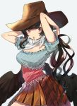  1girl arms_up bandana bangs black_hair black_wings blue_shirt breasts brown_headwear brown_skirt cleavage commentary_request cowboy_hat cowboy_shot eyebrows_visible_through_hair feathered_wings grey_background hair_tie_in_mouth hat highres kurokoma_saki large_breasts long_hair looking_at_viewer miniskirt mouth_hold pleated_skirt puffy_short_sleeves puffy_sleeves red_eyes satoupote shirt short_sleeves simple_background skirt solo standing touhou wings 