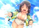  1girl alice_gear_aegis ass_visible_through_thighs beach breasts brown_hair closed_eyes cloud dark_skin eyebrows_visible_through_hair happy highres jacket jacket_over_swimsuit jewelry kaneshiya_sitara large_breasts open_hands open_mouth ring sada_mamesuke shiny sky smile solo swimsuit white_swimsuit 