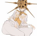  1boy absurdres dark_souls_(series) dark_souls_i dark_sun_gwyndolin dress feet_out_of_frame frown gold_headwear grey_hair helmet highres long_sleeves male_focus short_hair simple_background solo spiked_helmet white_background zunkome 