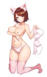  1girl absurdres animal_ear_fluff animal_ears blush bra bra_removed breasts brown_hair cat_ears closed_mouth collarbone eyebrows_visible_through_hair heart heart-shaped_pupils highres kneeling large_breasts looking_at_viewer navel nipples original panties pink_legwear pn_(wnsl216) short_hair simple_background smile solo sweat symbol-shaped_pupils thighhighs topless underwear white_background white_panties 