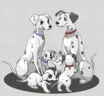  101_dalmatians animal animal_focus animalization black_eyes commentary_request crossover cub dalmatian dog family full_body grey_background jack_howl lucky_(disney) no_humans patch_(disney) penny_(disney) perdita_(disney) pongo_(disney) puppy raccoonlot simple_background twisted_wonderland wolf 