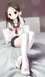  1girl absurdres adjusting_hair arm_up bed blue_skirt blurry brown_eyes brown_hair crossed_legs depth_of_field forehead foreshortening highres karakai_jouzu_no_takagi-san knees_up leaning_back legs long_hair note2000 pillow print_legwear school_uniform serafuku shirt sitting skirt smile solo takagi-san thighhighs white_legwear white_shirt zettai_ryouiki 