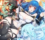  1other 2girls akizone ass_visible_through_thighs bangs bare_shoulders belt black_legwear black_panties black_ribbon blue_hair blush breasts buckle cloak collarbone commentary_request detached_collar detached_sleeves dizzy fire gasp grey_eyes guilty_gear highres hood hood_up large_breasts leather leather_pants long_hair long_sleeves looking_at_viewer lying multiple_girls navel necro_(guilty_gear) on_back open_mouth panties pants red_eyes ribbon simple_background skindentation skull smile stomach tail teeth thigh_gap thighhighs thighs twintails underwear undine_(guilty_gear) very_long_hair water white_background white_hair white_skin wide_sleeves wings yellow_ribbon 