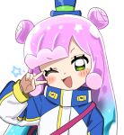  1girl blue_hair blunt_bangs blush_stickers commentary_request double_bun gazacy_(dai) gradient_hair green_eyes hair_bun hat highres jacket long_hair long_sleeves looking_at_viewer mini_hat multicolored_hair one_eye_closed open_mouth pink_hair puniru_(puniru_wa_kawaii_slime) puniru_wa_kawaii_slime slime_hair smile solo star_(symbol) top_hat track_jacket two_side_up upper_body v v_over_eye 