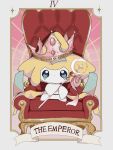  1other blue_eyes border bright_pupils card_(medium) chair closed_mouth colored_skin crescent_moon crown english_text facial_mark full_body highres holding holding_staff jira_077 jirachi looking_at_viewer moon no_humans on_chair pink_crown pokemon pokemon_(creature) solo staff star_(symbol) tarot tarot_(medium) the_emperor_(tarot) white_border white_pupils white_skin 