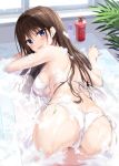  1girl ass bare_arms bare_shoulders bathing bathtub bikini blue_eyes boku_no_kanojo_sensei breasts brown_hair from_behind fujiki_maka halter_top halterneck highres indoors large_breasts long_hair looking_at_viewer looking_back oryou parted_lips plant side-tie_bikini smile soap_bottle soap_bubbles solo swimsuit water wet white_bikini window 