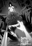  1boy 1girl arachne arthropod_girl arthropod_limbs black_hair blurry blurry_foreground breasts centauroid chain chaos_witch_quelaag character_name dark_souls_(series) dark_souls_i english_commentary extra_eyes extra_mouth facing_viewer fangs greyscale hair_censor hair_over_breasts highres hukii large_breasts long_hair monochrome monster monster_girl nipple_slip nipples open_mouth outer_glow pov shaded_face sharp_teeth solo_focus spider_girl splatter_background sword taur teeth topless weapon 