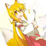  :d alternate_costume animal_ears apron blonde_hair commentary_request cooking cosplay fox_ears fox_tail hakama highres japanese_clothes kantai_collection kemonomimi_mode ladle looking_at_viewer low_twintails miko open_mouth red_hakama satsuki_(kantai_collection) scrunchie senko_(sewayaki_kitsune_no_senko-san) senko_(sewayaki_kitsune_no_senko-san)_(cosplay) sewayaki_kitsune_no_senko-san smile tail twintails ver_norma2 yellow_eyes 