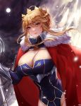  1girl ahoge armor artoria_pendragon_(all) artoria_pendragon_(lancer) blue_dress blue_eyes braid breasts cape cleavage cleavage_cutout crown dress eyebrows_visible_through_hair fate/grand_order fate_(series) french_braid fur-trimmed_cape fur_collar fur_trim gauntlets hair_between_eyes holding holding_weapon lance large_breasts leotard looking_at_viewer moon night night_sky parted_lips polearm red_cape rhongomyniad sidelocks sky terupancake thighs upper_body weapon 
