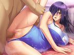 aoi_nagisa_(artist) arm_support bathroom blue_hair blush breasts brown_eyes censored cfnm cleft_of_venus clothed_female_nude_male clothed_sex floor hair_over_one_eye huge_breasts kitada_yuriko leg_hold leg_up long_hair milf okaa-san_ga_ippai one-piece_swimsuit open_mouth penis purple_hair sex swimsuit swimsuit_aside vaginal vaginal_penetration wet yellow_eyes 